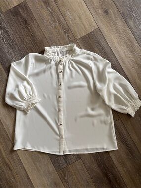 Ruffle Collar Cream Button-Down Blouse